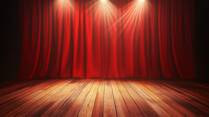 Poster - Red stage curtain with spotlight, wooden floor and microphone, mockup