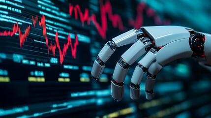 Aufkleber - Robot hand with falling stock market chart on digital screen background