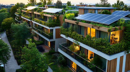Poster - Residential complex featuring energy-efficient multifamily homes adorned with verdant green balconies, rooftop gardens, and integrated solar panel systems, exemplifying sustainable urban living