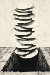 Poster - Monochrome Artistic Illustration of Plates in Abstract Stacked Formation
