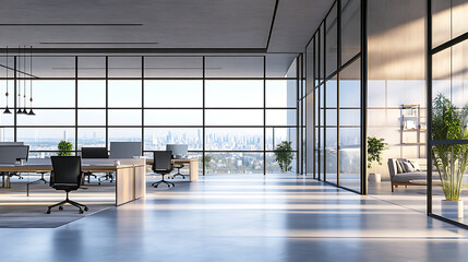 Poster - side view on modern design project of open space office interior with comfortable workplaces behind 