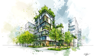 Wall Mural - Sketch of green architecture, illustrating a sustainable development project, future forward approach to construction, where harmony with nature and resource efficiency are prioritized