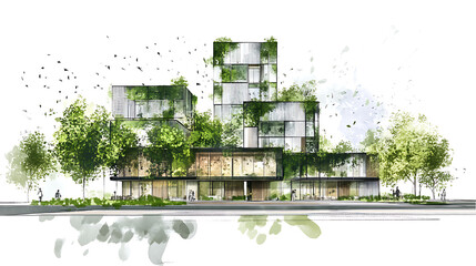 Poster - Sketch of green architecture, illustrating a sustainable development project, future forward approach to construction, where harmony with nature and resource efficiency are prioritized