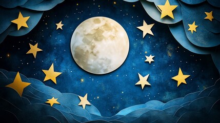 Wall Mural - full moon surrounded by stars and clouds in a paper art style.