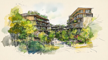 Poster - Sketch of green architecture, illustrating a sustainable development project, future forward approach to construction, where harmony with nature and resource efficiency are prioritized