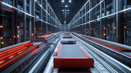 Poster - Smart, automated and organized warehouse interior showcases efficiency in logistics and supply chain management, effective inventory control, order fulfillment, and space optimization