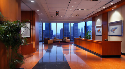 Poster - Spacious lobby in corporate building with wood accents and cityscape view