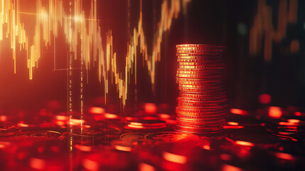 Fototapete - Stacked golden coins with falling red forex chart on dark backdrop, crisis and recession concept, 3d rendering