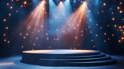 Poster - Stage podium scene for award ceremony illuminated with spotlight, mockup