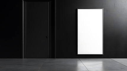 Poster - Sunlit office entrance with blank white poster on black wall, mockup