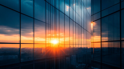 Poster - Sunset in the window of a modern office building with glass walls