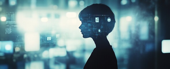 Silhouette of a woman with digital data overlay.