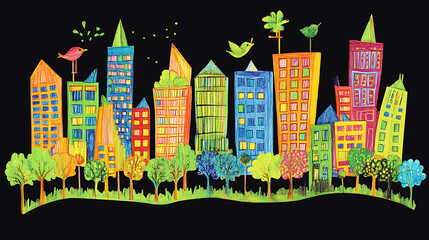 Aufkleber - Sustainable urban city illustration in vibrant crayon style, featuring eco-friendly buildings and green spaces, isolated on black background