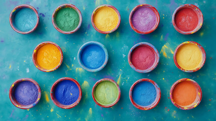 Poster - Top view of holi background with a bowls of colored powder