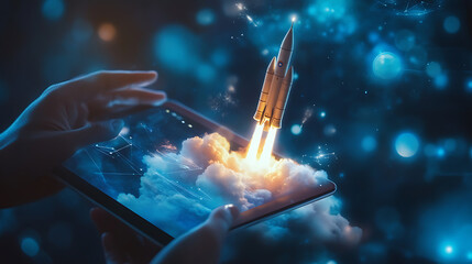 Poster - touching a holographic rocket launch from a tablet screen