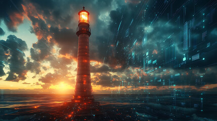 Aufkleber - Towering lighthouse in a futuristic, digital world, evolving technology and the potential for progress, a guide, inspiring innovation and leadership towards a brighter future