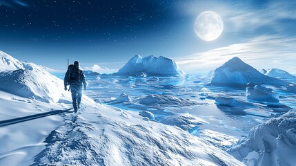 Canvas Print - Lone hiker trekking snowy mountain range under full moon.