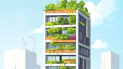 Fototapete - Vertical gardens on modern buildings with urban farming illustration