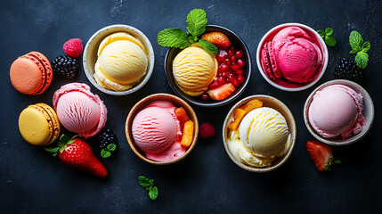 Aufkleber - Various ice cream scoops in bowls with fruits and macarons on a dark surface, refreshing sweet summer dessert