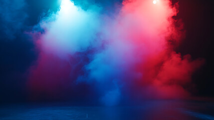 Fototapete - Vibrant stage in the glow of colored spotlights, with smoke adding an air of mystery and drama, the image captures the anticipation and excitement inherent in live performances