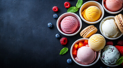 Poster - Various ice cream scoops in bowls with fruits and macarons on a dark surface, refreshing sweet summer dessert