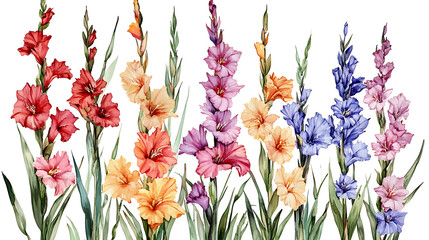 Poster - Watercolor of gladiolus clipart with tall spikes of colorful blooms, flowers frame, botanical border, watercolor flowers frame isolated on white background, for greeting card
