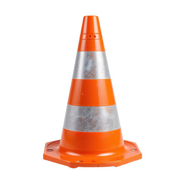 an orange traffic cone with reflective bands stands against a black background. it is a safety devic