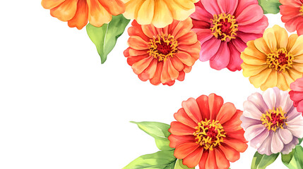 Poster - Watercolor of zinnia clipart in bold and vibrant colors, flowers frame, botanical border, an illustration for printing design, textile, scrapbooking, isolated on white background