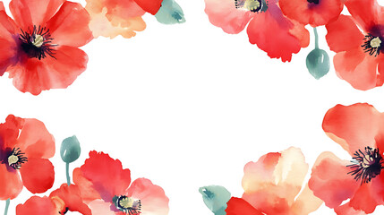 Poster - Watercolor red poppy flowers frame border isolated on white background, can be used for business card, scrapbook and other printed products, watercolor of poppy flowers frame