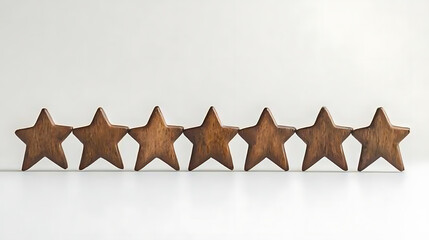 Aufkleber - Wooden stars arranged in a row, symbolizing a satisfaction rating system used for evaluating customer feedback, service quality, or product excellence
