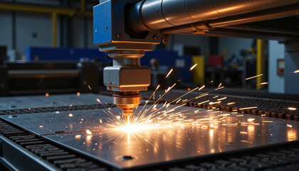 Poster - Precision laser cutting in advanced workshop, sparks and innovation