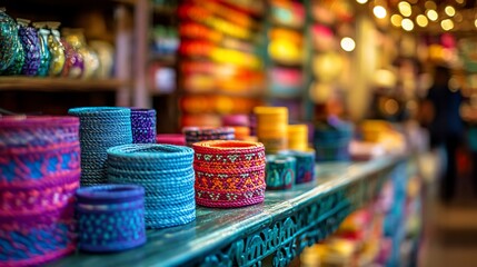 Wall Mural - Colorful textile rolls displayed on a shelf in a vibrant shop.