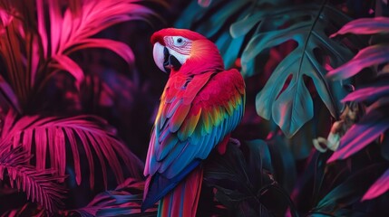 Poster - A radiant parrot perches gracefully among lush, colorful foliage, showcasing its dazzling feathers under the warm light of the rainforest, creating a magical atmosphere