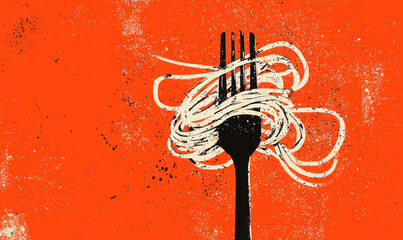 Poster - Vibrant Abstract Fork with Spaghetti Against Bold Orange Background