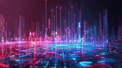Poster - A vibrant and futuristic digital landscape representing data connections, showcasing the progress of technology and the flow of information in our interconnected world.