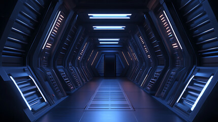 Poster - 3d illustration corridor spaceship interior, sci-fi fiction concept