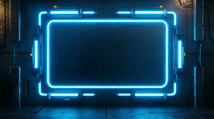 Aufkleber - 3d blue rectangular retro frame with glowing lamps on dark background