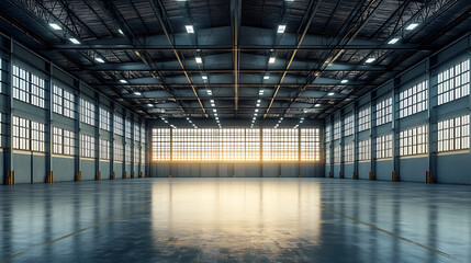 Fototapete - 3d illustration of an empty warehouse with a lot of windows, 3d rendering of large hangar building and concrete floor