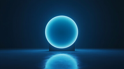 Poster - 3d render, abstract minimalist blue geometric background, bright light, round shape glowing in the dark