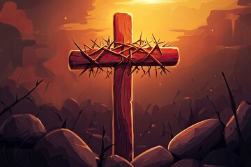 Wall Mural - Cross with crown of thorns and nails. Easter Sunday or Good Friday concept for poster or banner design. Christ our Passover, wooden cross and thorns with nails. Vector illustration 