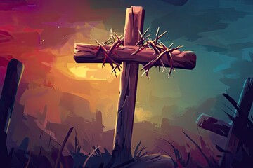Wall Mural - cross with crown of thorns and nails. easter sunday or good friday concept for poster or banner desi