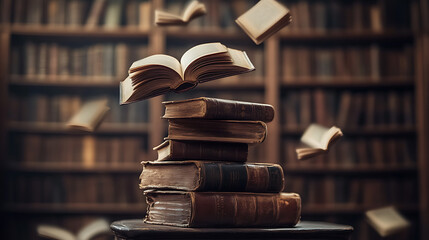 Poster - A stack of old books and flying book pages against the background of the shelves in the library, ancient books historical background, retro style, conceptual background on history, education topics