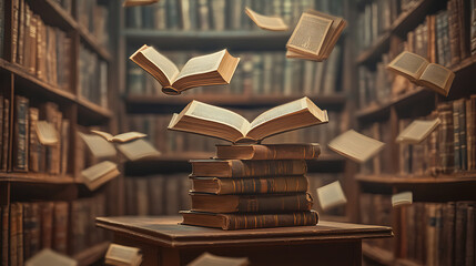 Poster - A stack of old books and flying book pages against the background of the shelves in the library, ancient books historical background, retro style, conceptual background on history, education topics