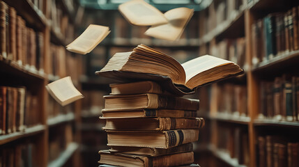Poster - A stack of old books and flying book pages against the background of the shelves in the library, ancient books historical background, retro style, conceptual background on history, education topics