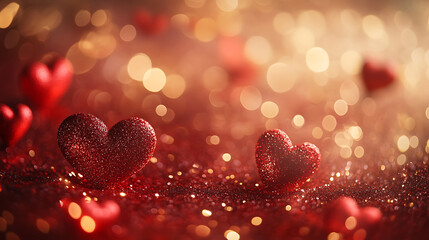 Poster - Abstract background for st, valentine's day, with red hearts and golden bokeh glitter