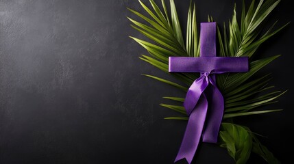 Wall Mural - Cross with purple ribbon and palm leaf on dark background. Good Friday concept 