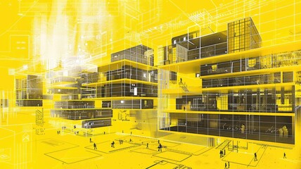 Poster - This illustration showcases a modern architecture diagram representing microservices in a vibrant yellow setting, emphasizing technology and innovative design concepts.