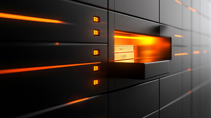 Poster - Bank safe deposit boxes in black and orange, there is an open door and a gold bar