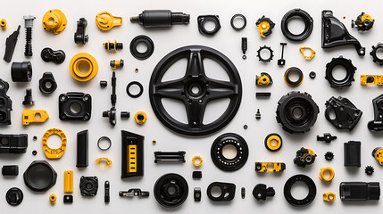 Aufkleber - Black and hints of yellow car parts center composition on a white background, in a shape composition for a car