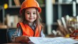 © BerkahStock - Cute girl wearing hard hat and safety vest, reviewing blueprints.